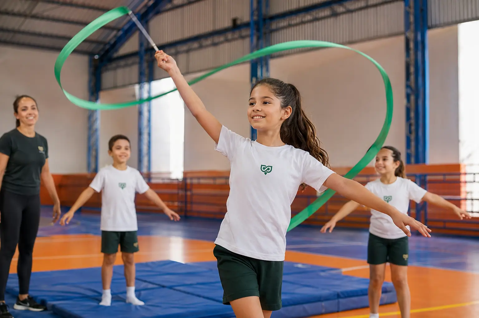 Estudante do Bliss realizando movimento de ginástica com fita