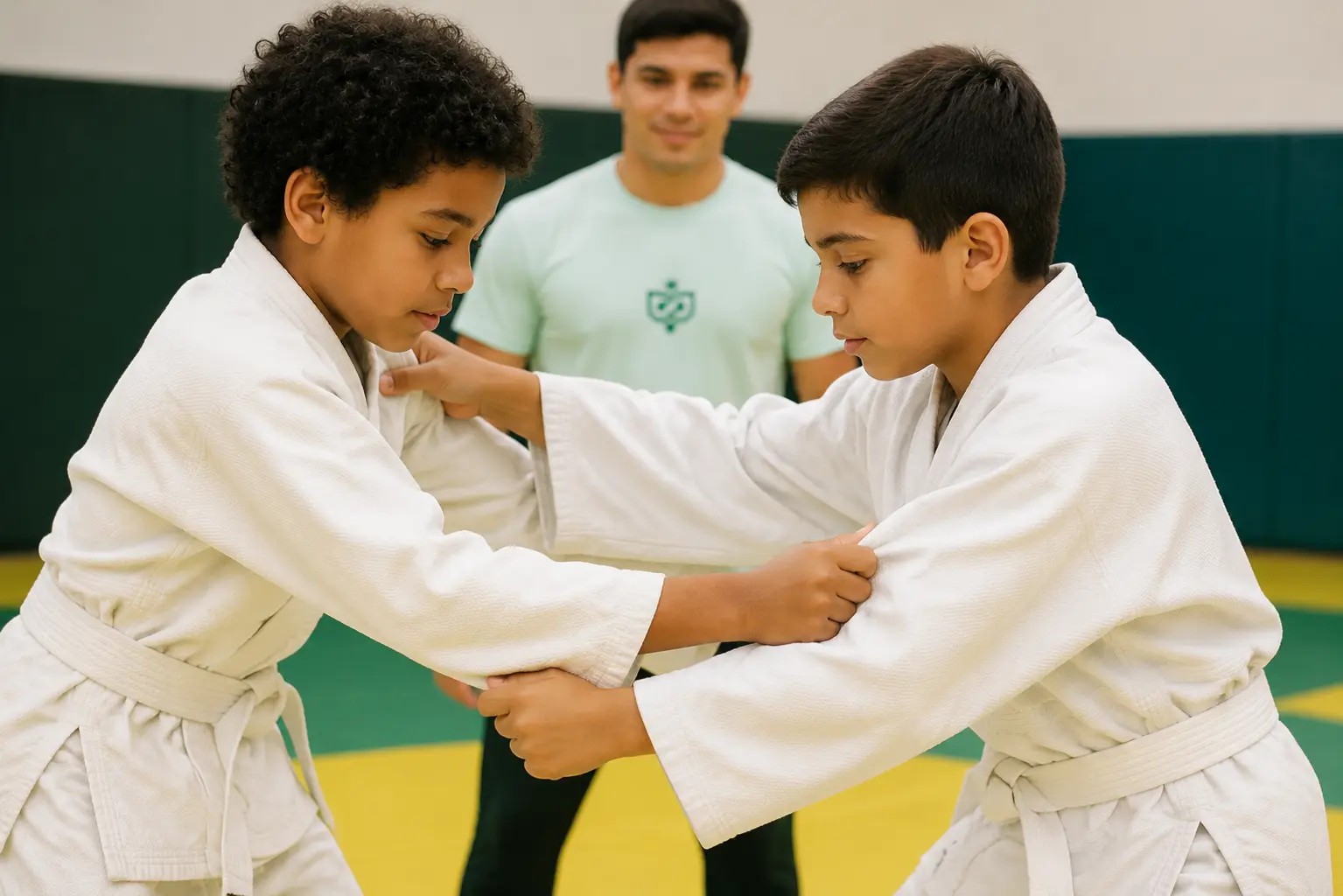 Estudantes praticando judô com acompanhamento de um instrutor