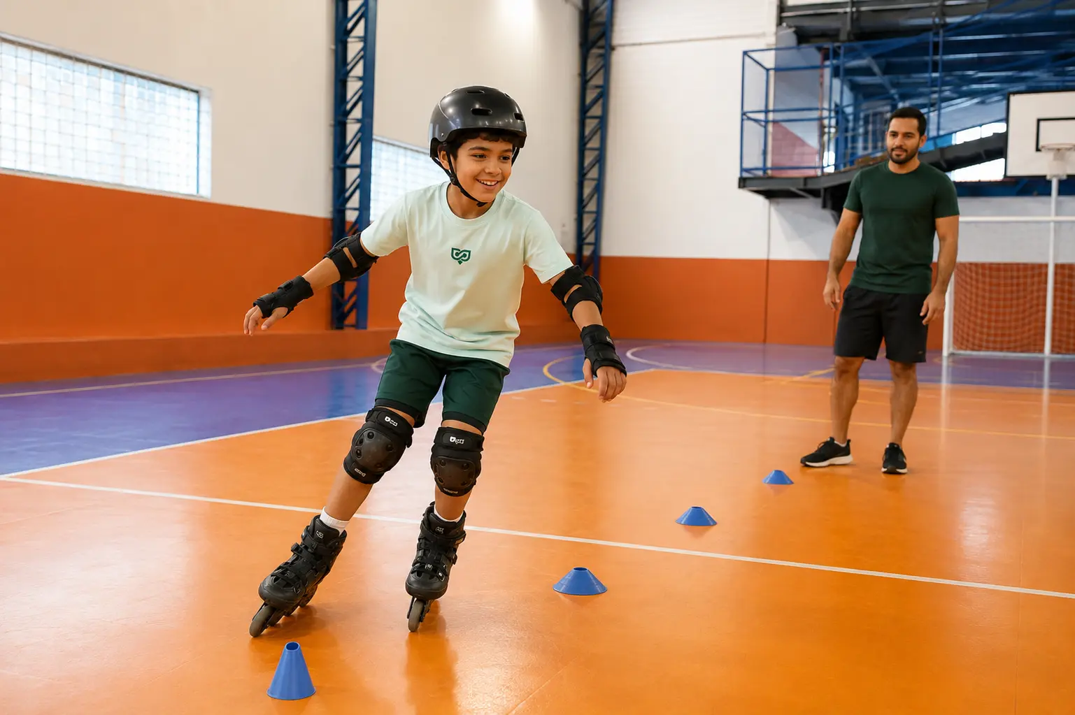 Estudante do Bliss praticando patinação com equipamentos de proteção